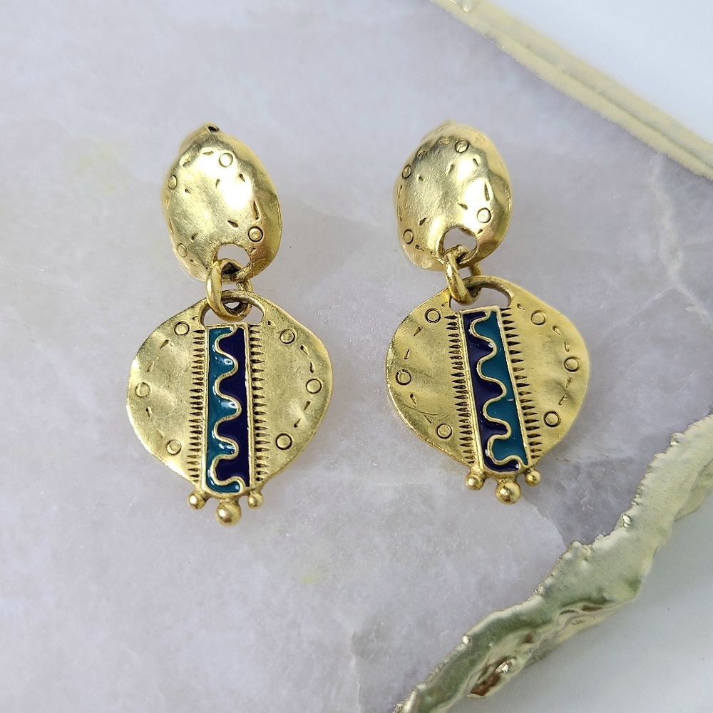 C. Stein Gold Tone Blue Enamel Clip-On Vintage Earrings